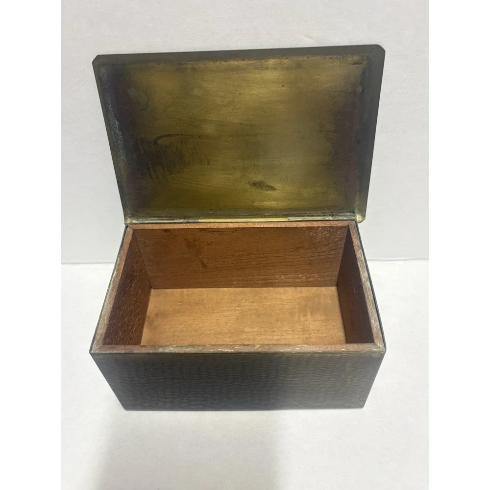 Box Hammered Brass Wood inside trinket small rectangular 5 x 2.5 x 3.5 vintage